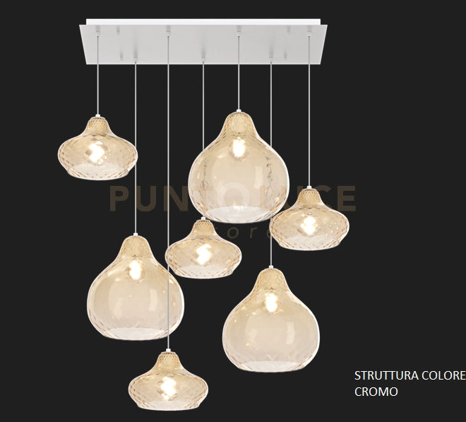 SOSP. CROMO 7 LUCI RETTANGOLARE VETRI (4 X PICCOLO + 3 X GRANDE) TUTTI AMBRA 1191CR-S7 RMIX-AM