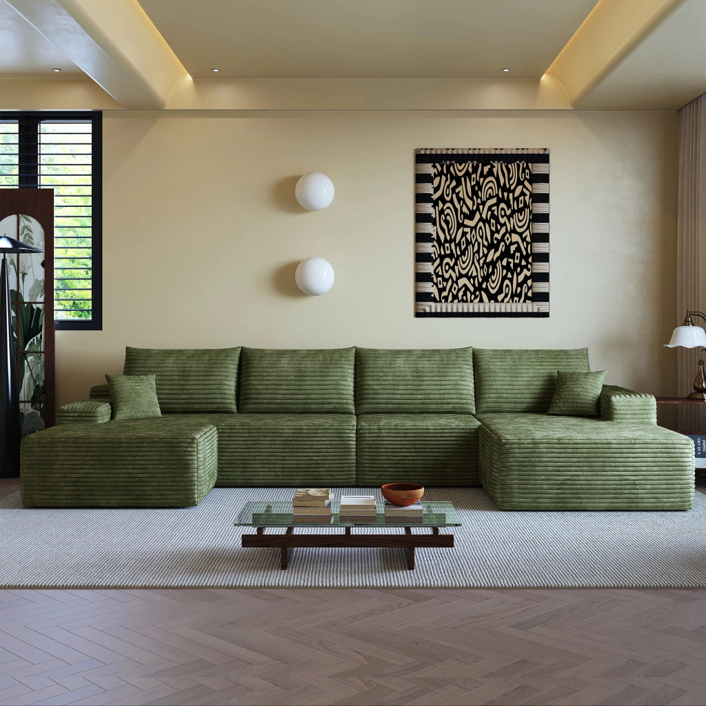 Divano ad angolo modulare con chaise longue a L e seduta in schiuma ad alta elasticità, tessuto verde 270 × 175 × 83 cm