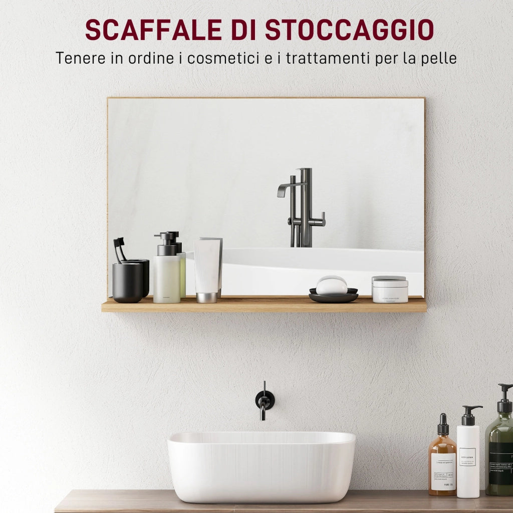 Specchio Bagno da Parete con Mensola Design Moderno e Multiuso, 60x12x40 cm, Legno