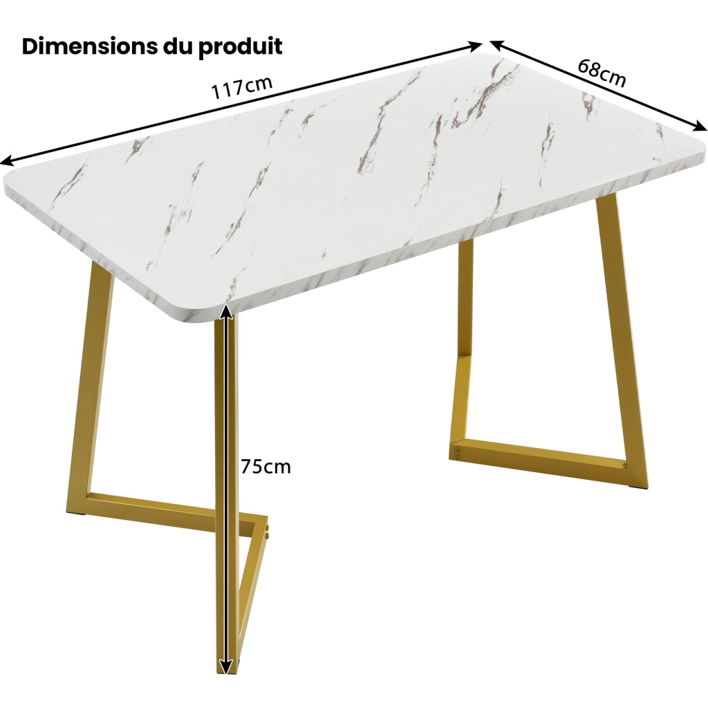 Tavolo da pranzo rettangolare in MDF effetto marmo con gambe in ferro dorato per cucina e soggiorno 117 × 68 × 75 cm