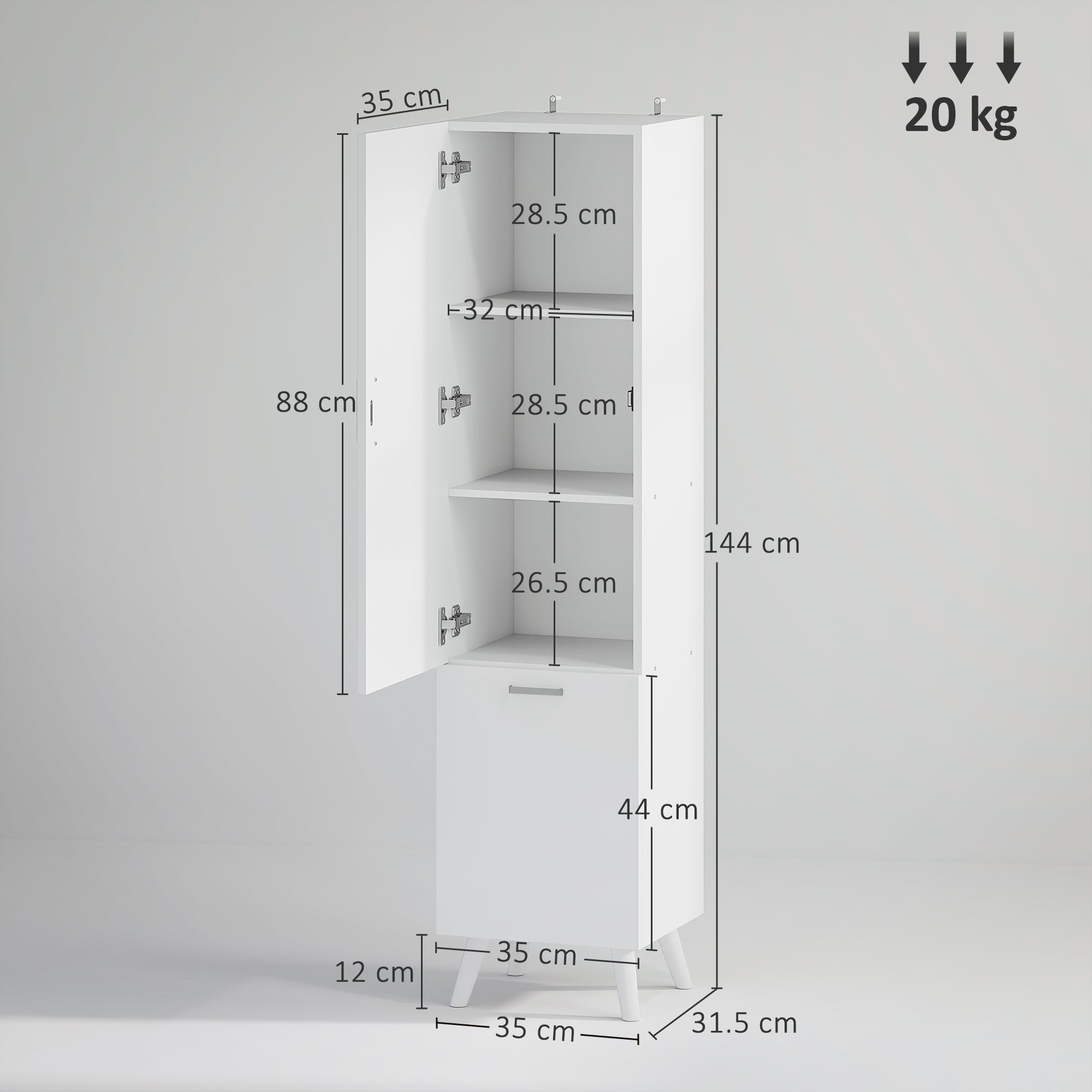 Mobile da Bagno a Colonna 35x31,5x144 cm con 2 Ante e Ripiani in Legno Bianco
