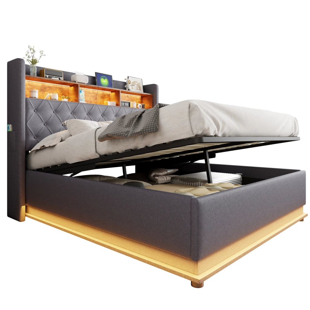 Letto matrimoniale imbottito LED 160x200 cm con USB e contenitore idraulico, grigio