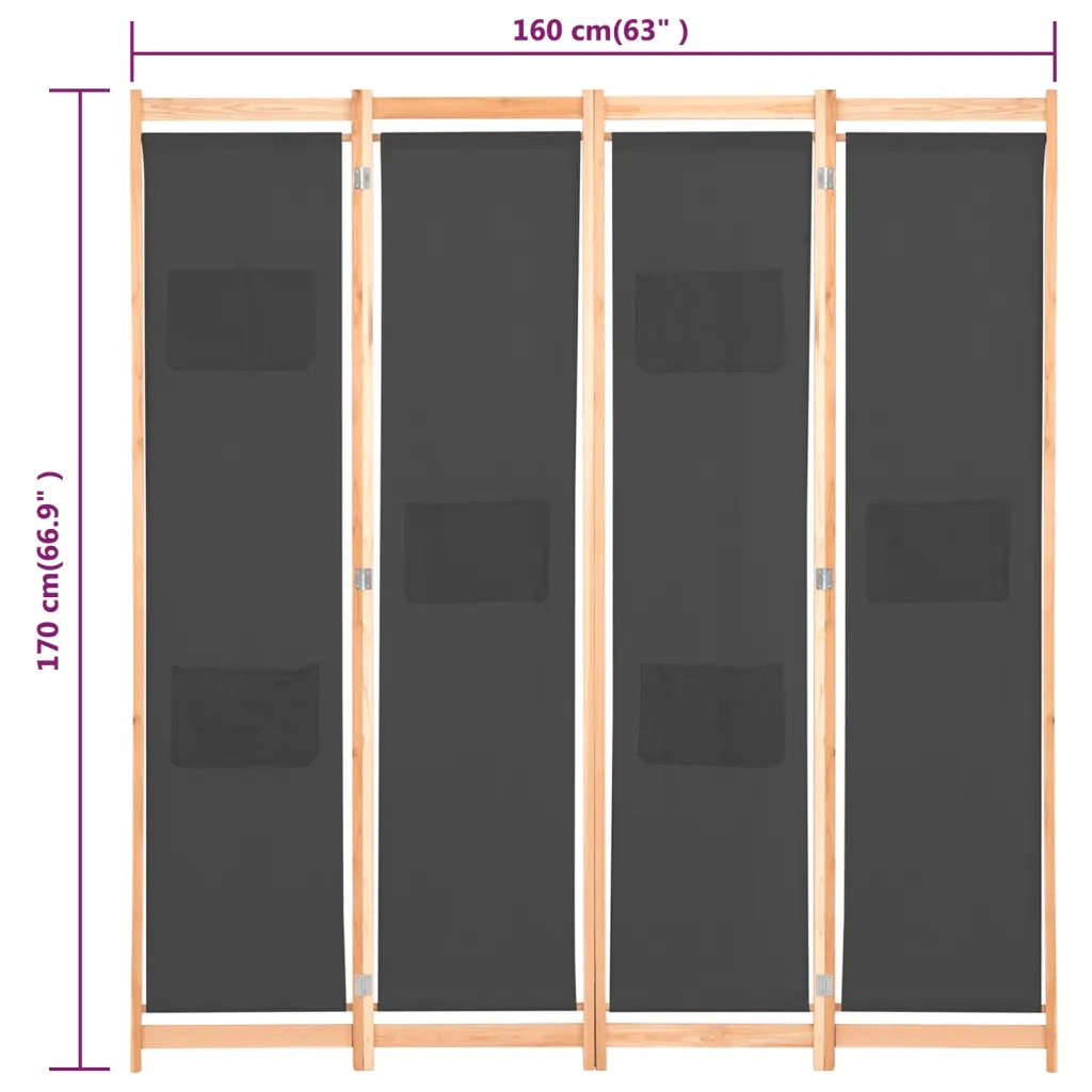 Divisorio Ambienti | Divider per stanze | Paravento a 4 Pannelli Grigio 160x170x4 cm in Tessuto