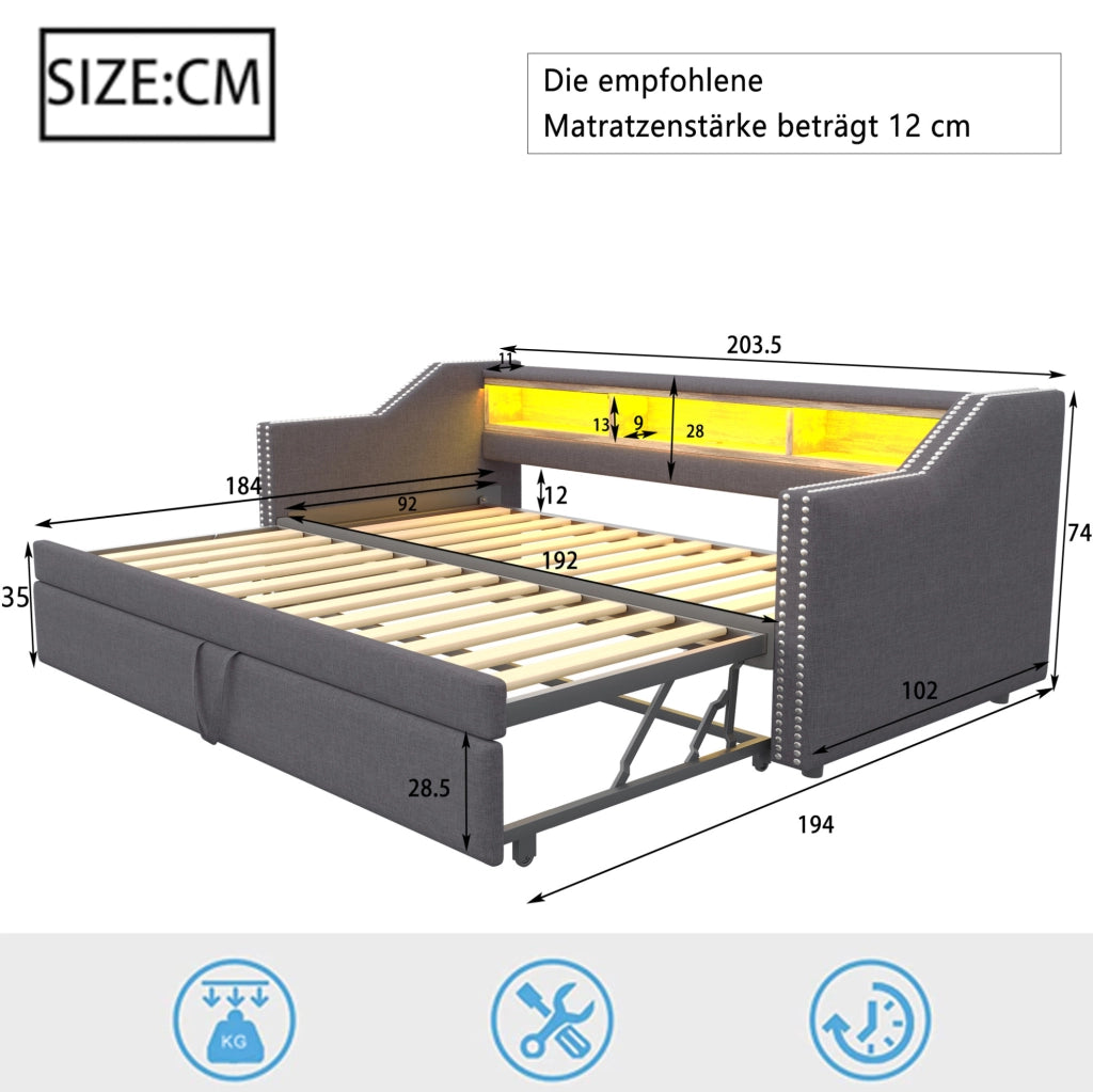 Divano letto estraibile 90/180x190 cm con LED; USB e vani laterali; grigio scuro