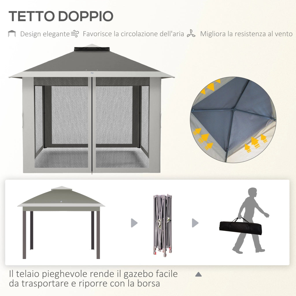 EasyComfort Gazebo da Esterno ad Altezza Regolabile con Zanzariere, in Metallo e Tessuto Oxford, 3.3x3.3x2.8 m, Grigio Scuro