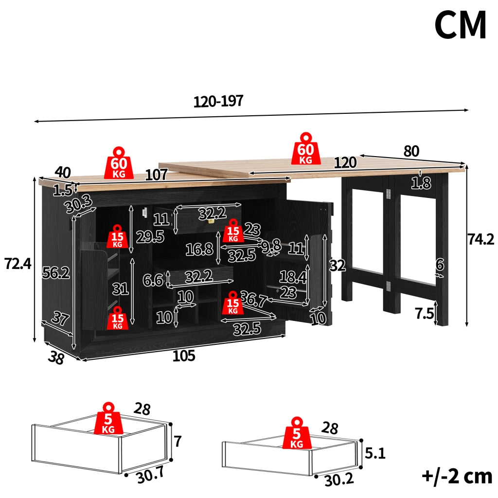 Credenza da cucina girevole a 360° con 2 piani; ante patchwork; 1 cassetto; portabottiglie estraibile; per cucina; MDF nero; 120 × 40 × 74.2 cm