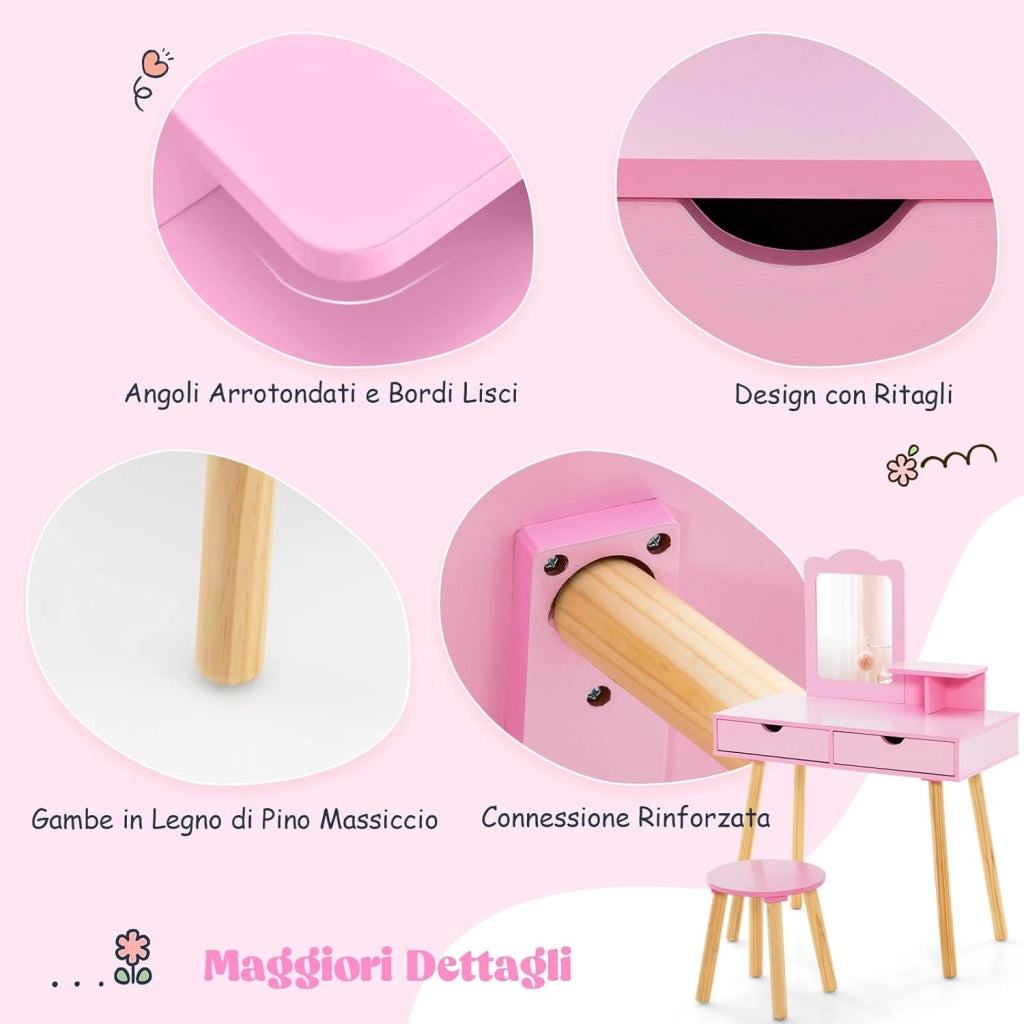 2 in 1 Set Toeletta per Bambini, Postazione Trucco in Legno con Sgabello, Specchio Rettangolare Staccabile e 2 Cassetti Capienti, Ideale per Bambini dai 3 ai 7 Anni (Rosa Scuro)