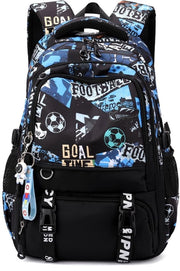 Zaino per studenti ragazzi, impronta di calcio, borsa da scuola impermeabile per ragazzi 10-18 anni, grande zaino da viaggio per scuola e viaggi con cinghia a rotelle, nero/blu