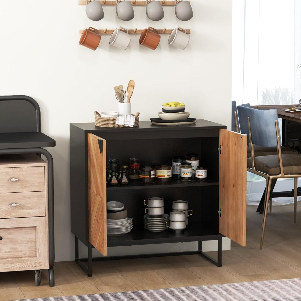 Credenza buffet-Armadio da cucina con storage con piedini antiscivolo per soggiorno, Tavolino con ante e ripiano Nero