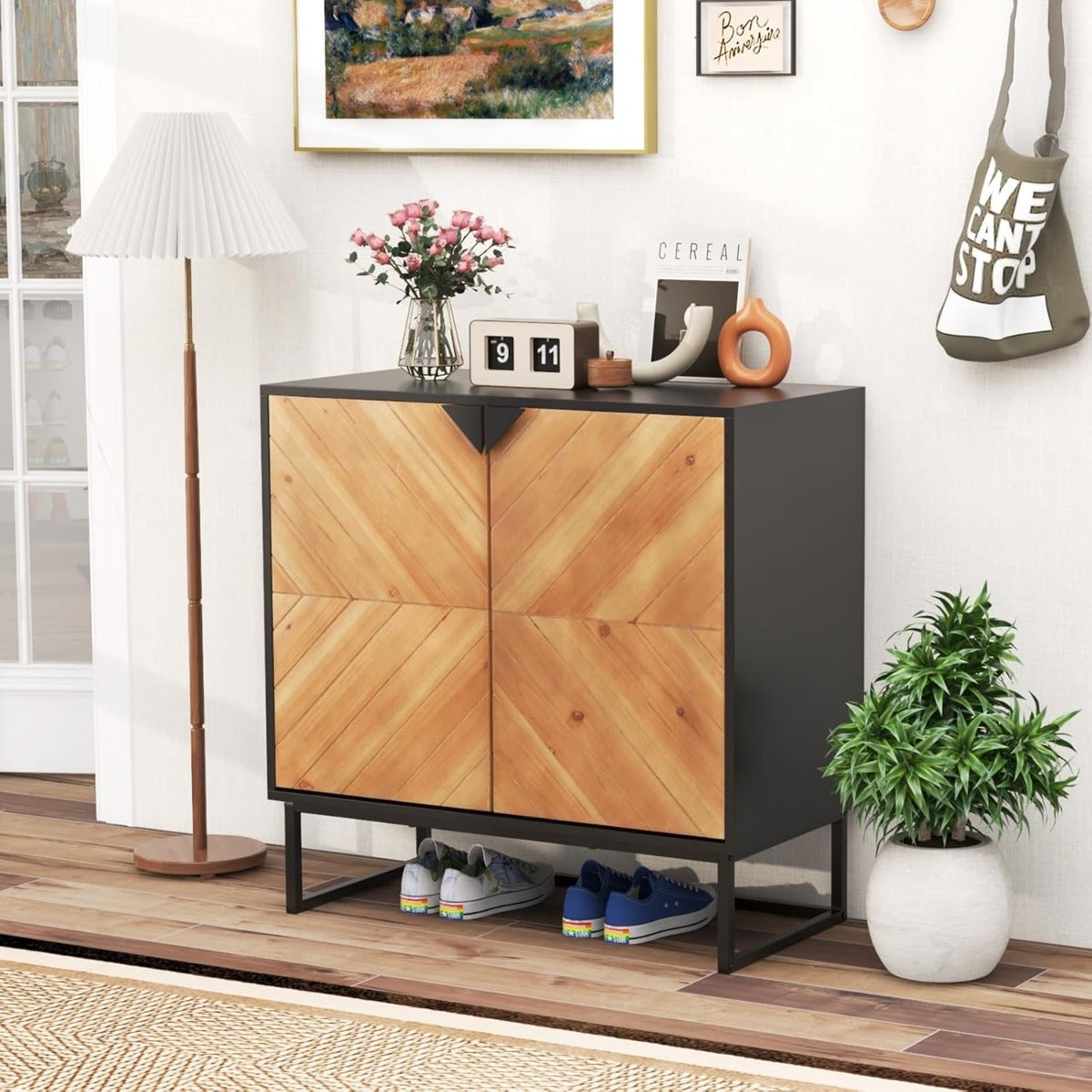 Credenza buffet-Armadio da cucina con storage con piedini antiscivolo per soggiorno, Tavolino con ante e ripiano Nero