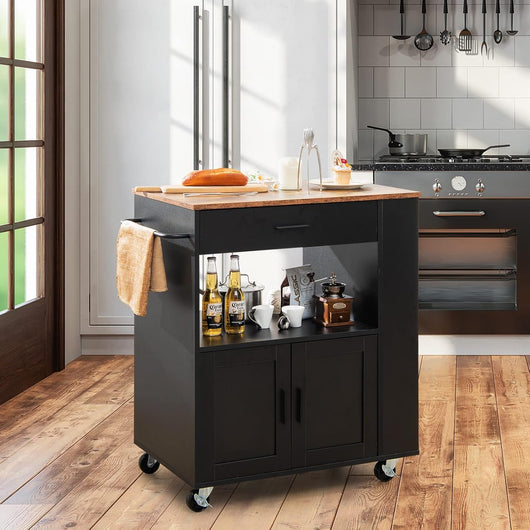Carrello da Cucina con Ruote, Isola da Cucina con 3 Portaspezie 1 Cassetto Armadietto a 2 Porte, Carrello Portaoggetti con Portasciugamani, 82x46x92 cm (Nero)
