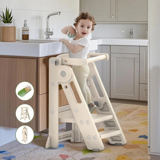 Scala per bambini in legno adattabile per Montessori, altezza regolabile, colore beige