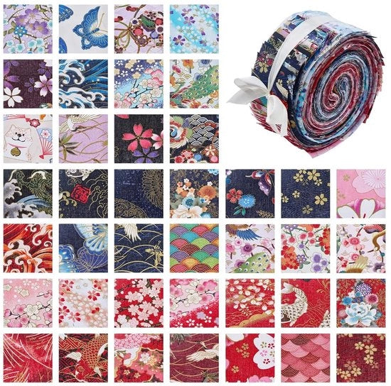 Stoffa a Telaio Jelly Roll 40 Pezzi - Stile Giapponese - Motivi Fiorali - Sartoria - Artigianato - Accessori Creativi - Strisce di Stoffa