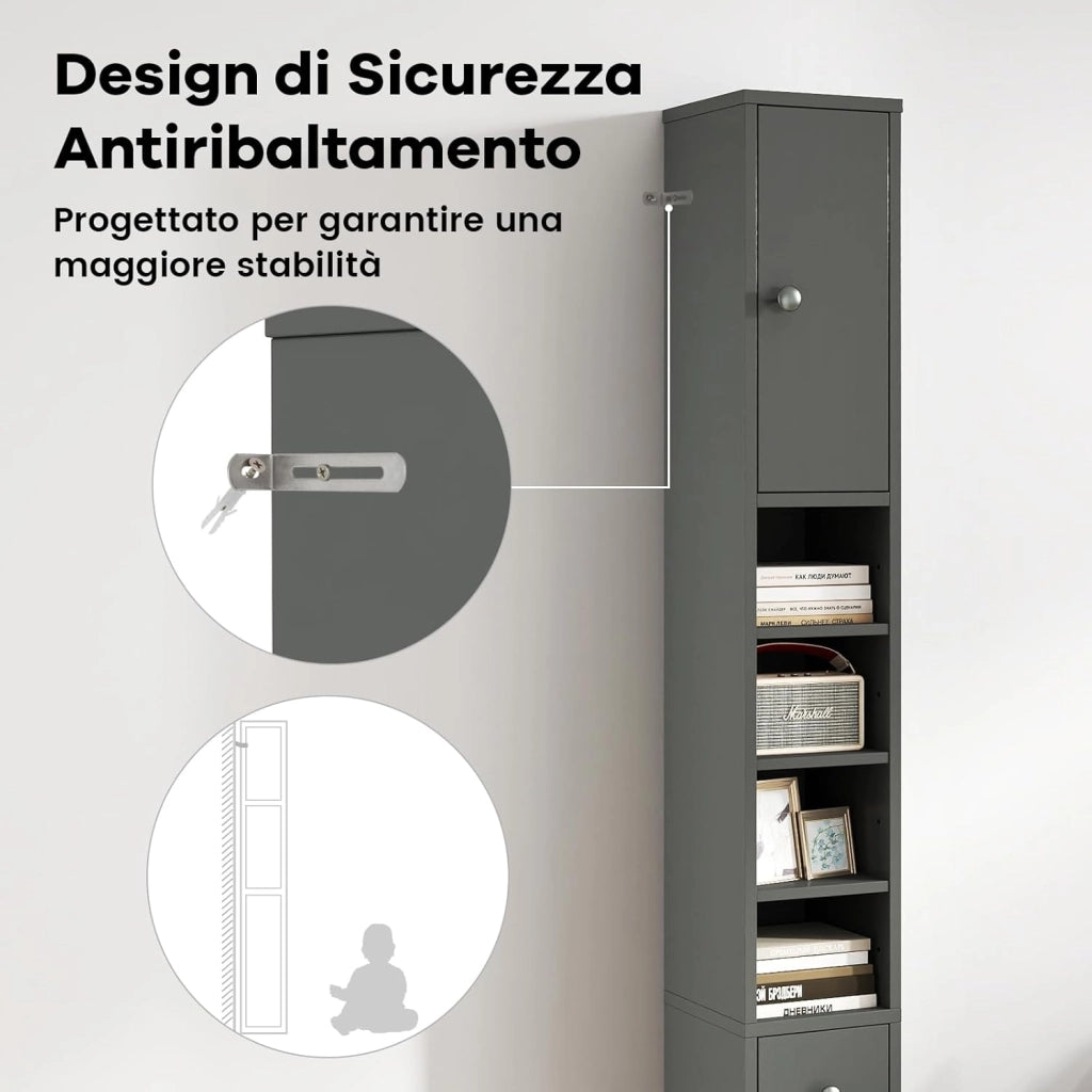 Mobile Bagno Alto Stretto, Mobiletto Colonna Salvaspazio con 1 Cassetto, 5 Ripiani Regolabili e Struttura Antiscivolo, Mobile a Terra per Ingresso, 20 x 20 x 180 cm (4 Ripiani, Grigio)