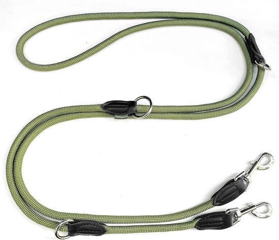 Cinturone per cani regolabile 3 m - corda in nylon robusto a doppia corda per cani di taglia media-grande, 200 kg di resistenza, 2 fermagli di cinturone - verde oliva