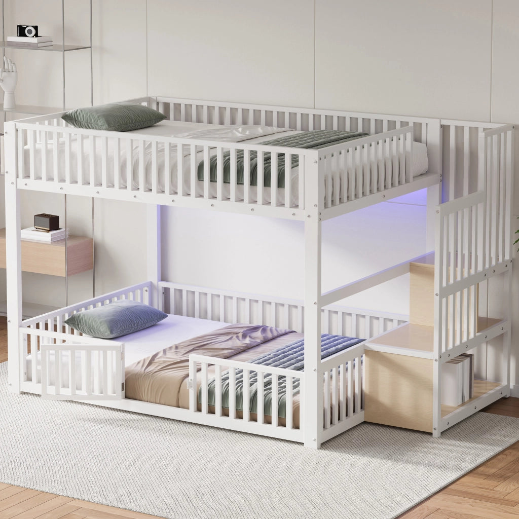 Letto a castello 140 × 200 cm con scala contenitore, LED regolabile, senza materasso, bianco