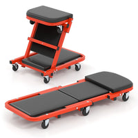 Sedia per meccanico 2 in 1 con sedile imbottito e 6 ruote, Sgabello da officina pieghevole a forma di Z Nero-Utensili