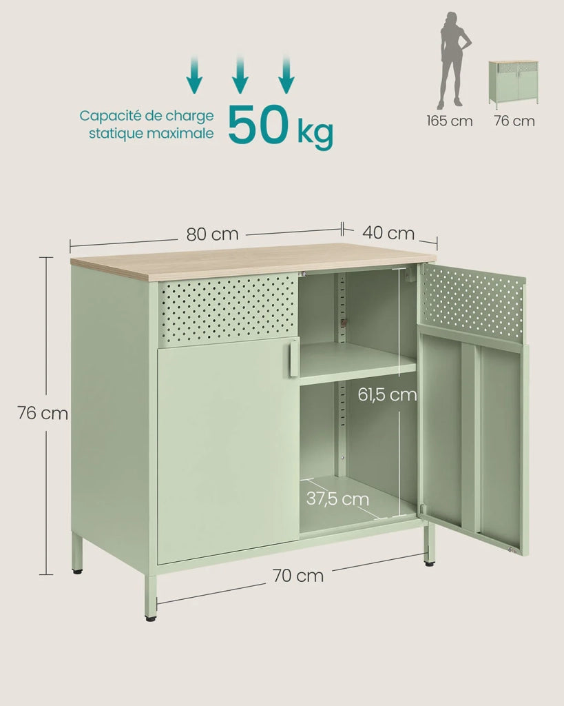 Mobile contenitore/credenza 40 x 80 x 76 cm con doppie ante magnetiche e ripiano regolabile per sala da pranzo soggiorno cucina ingresso struttura in acciaio stile industriale verde 12_0006435