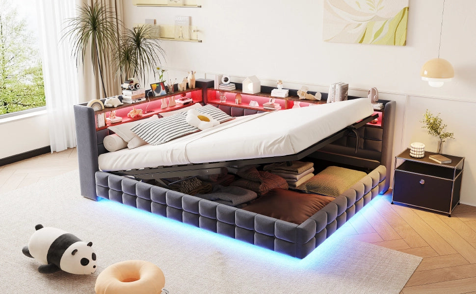 Divano letto multifunzionale in velluto grigio scuro 140x200 vano ripiano LED USB