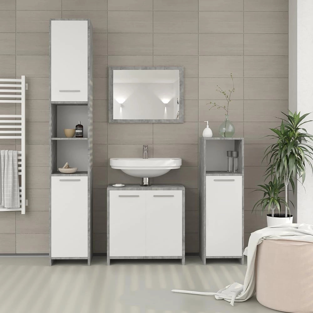 Set di mobili da bagno Maris, Bianco, 2 pezzi, con colonna e mobile a specchio per bagno, composto da armadio alto e armadietto a specchio