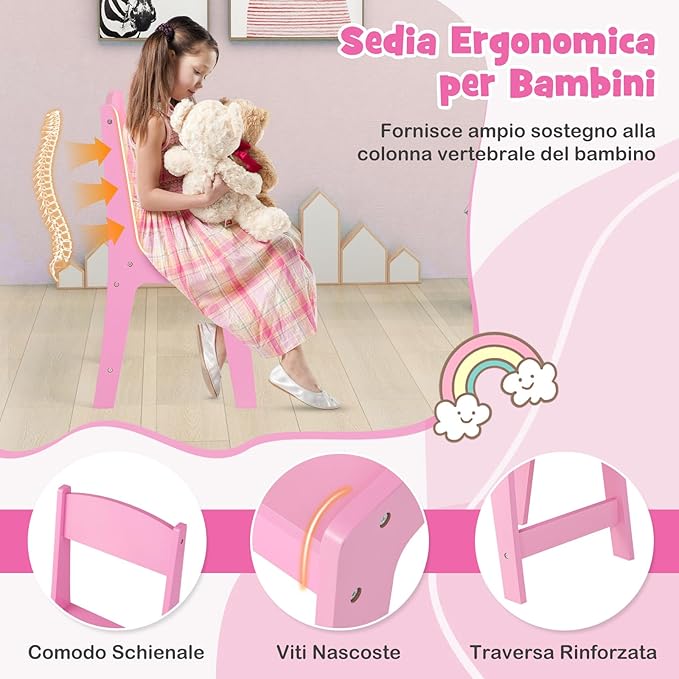 Toeletta Trucco 2 in 1 per Bambina, Specchiera Staccabile per Ragazza in Legno Robusto con 4 Cassetti in Tessuto, Sgabello e Specchio, Postazione Trucco per 3 Anni, 104 x 40 x 117 cm (Rosa)