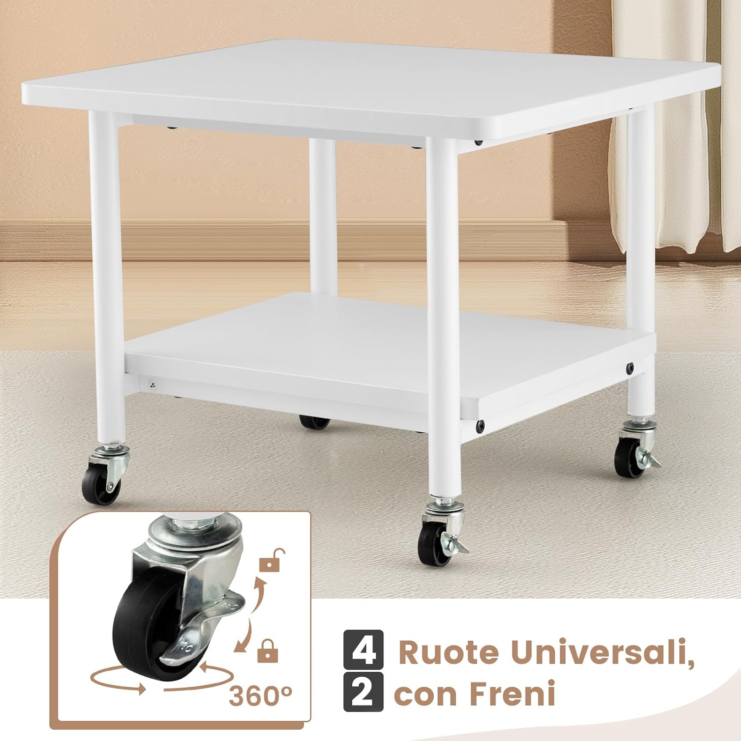 Supporto per Stampante, Carrello Stampante con Ruote Girevoli a 360⁰, Design Rimovibile, Superficie Ampia e Liscia, di Legno e Acciaio, 49 x 40 x 37 cm (Bianco)