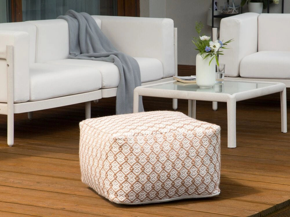 Pouf da giardino in materiale sintetico beige e bianco quadrato 50 x 50 x 30 cm Pouf da esterno intrecciato a mano in stile Boho