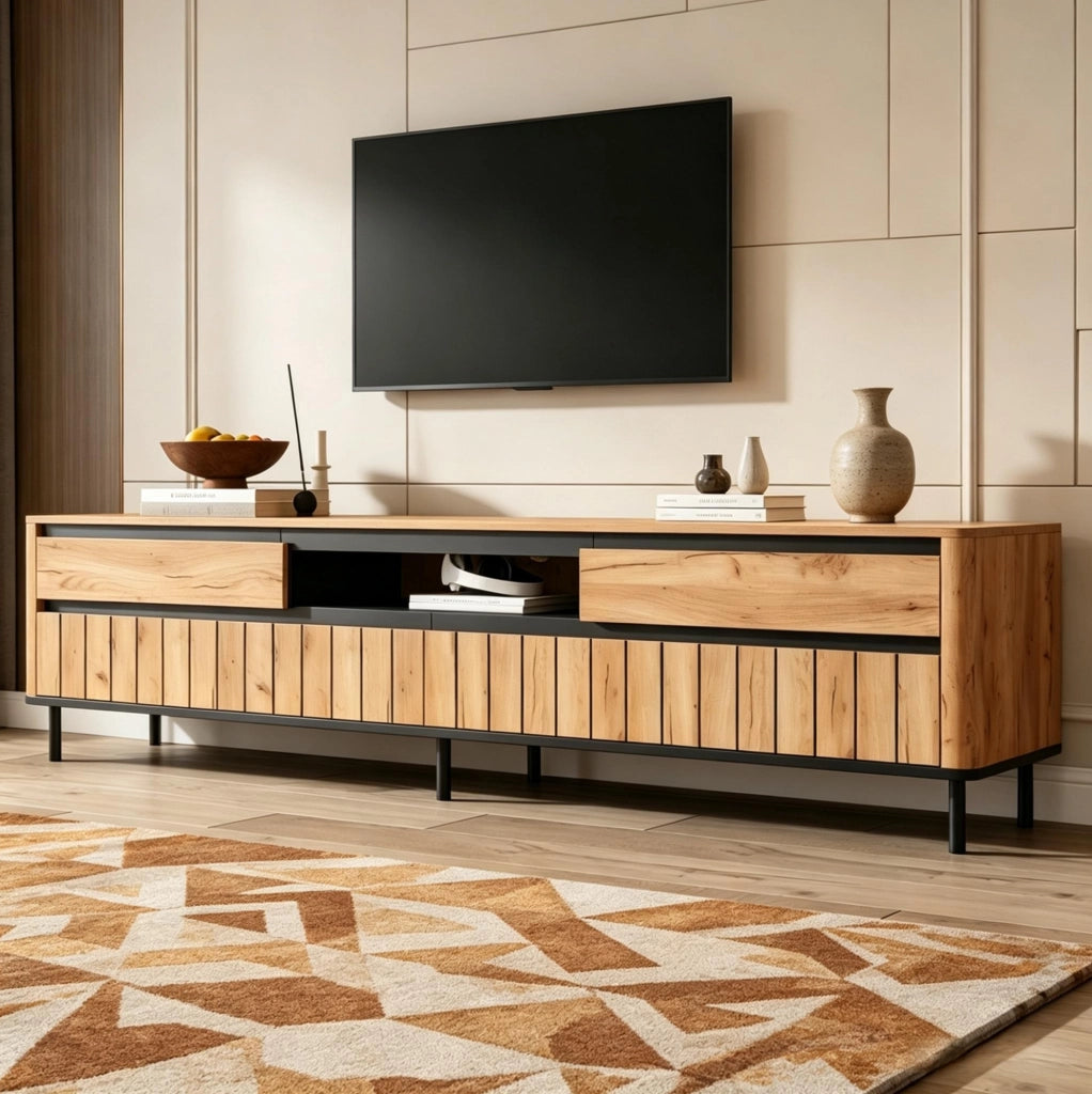 Mobile TV 180x40x52 cm con 2 cassetti; 2 ante a ribalta; MDF; nero e naturale