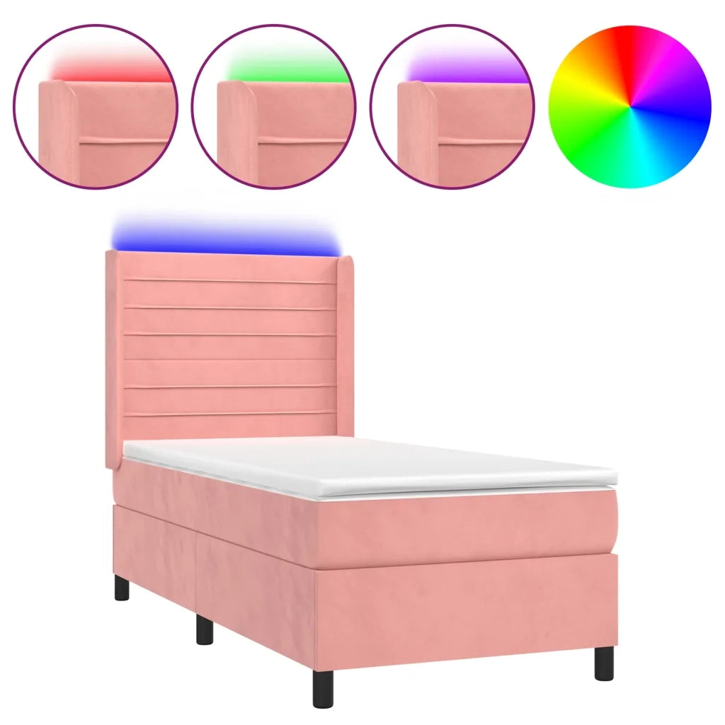 Letto a Molle con Materasso e LED Rosa 90x200 cm in Velluto 3139606