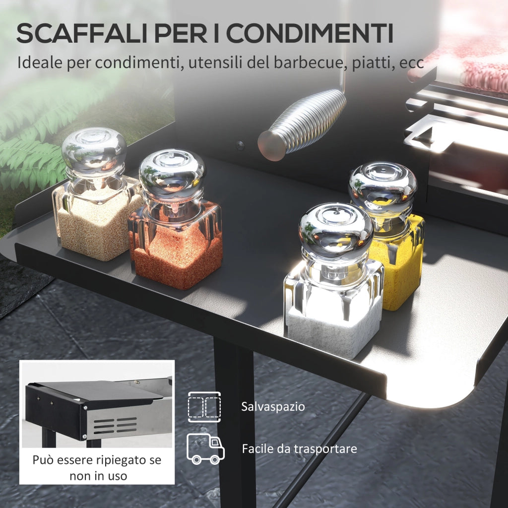 Barbecue a Carbone 3 Livelli con Girarrosto ¨C Xylo ¨C Acciaio Inox Nero 118x32x90 cm
