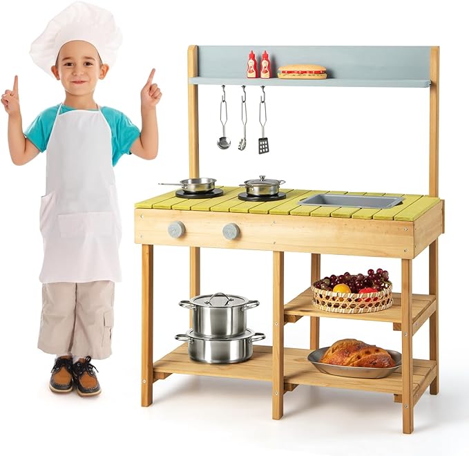 Cucina Giocattolo in Legno, Cucina per Bambini in Legno con Ganci Appendibili, 2 Fornelli, Lavello Rimovibile e Scaffali Aperti, Set da Giocattolo per Bambini 3+ Anni