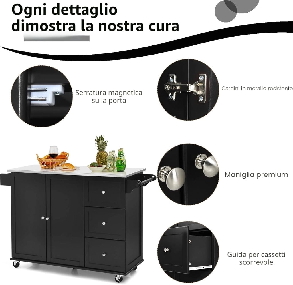Isola da Cucina Mobile con Piano di Lavoro in Acciaio Inox, Carrello da Cucina con 3 Cassetti & Porta Asciugamani & Ripiano Regolabile, Armadio da Cucina su Ruote, Carrello da Cucina 135 x