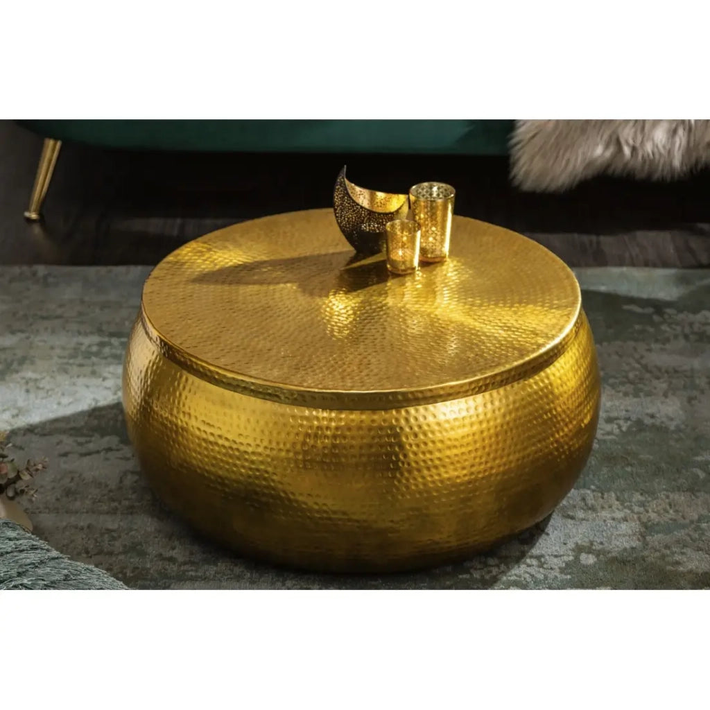 Tavolino basso TRIANE 70 cm dorato martellato - Alluminio lucido con vano contenitore