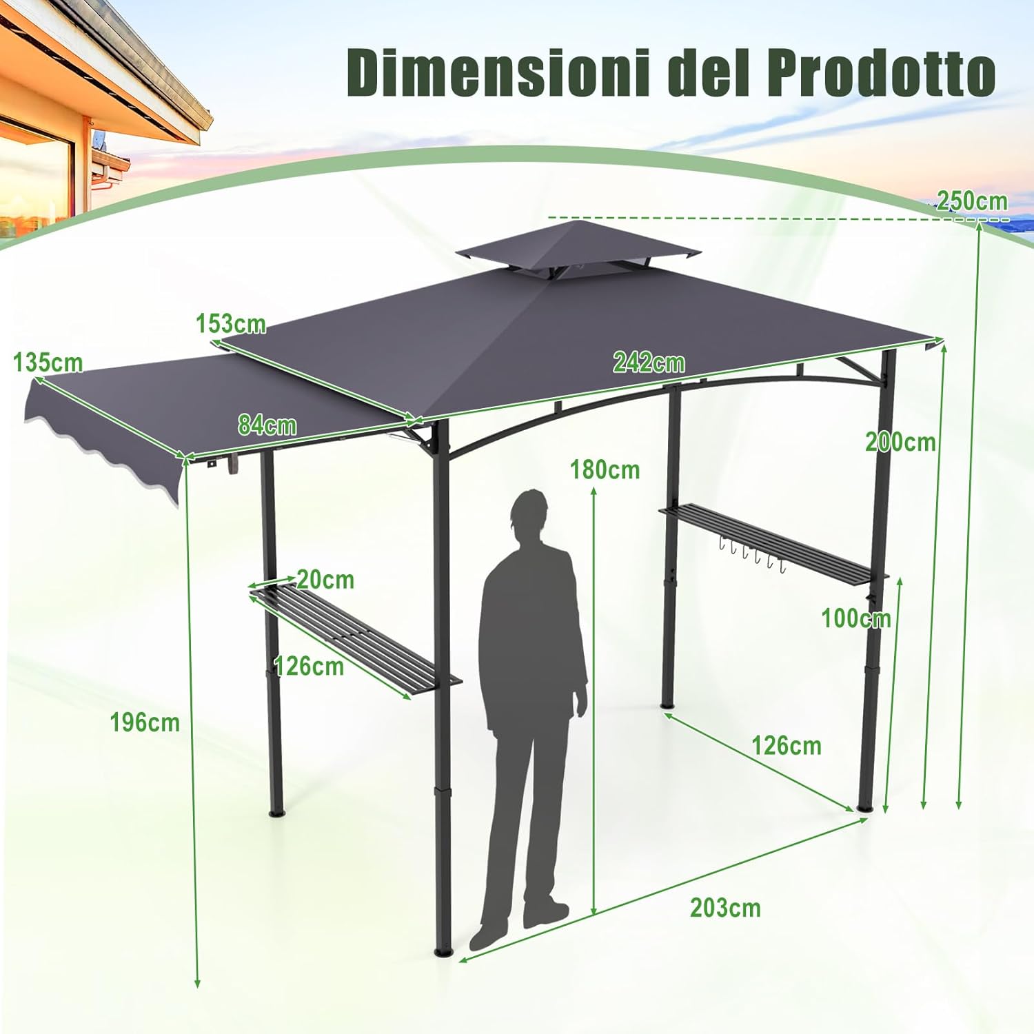 Gazebo per Barbecue, Pergola per BBQ con Tendalino Laterale, Tetto a 2 Livelli, 2 Ripiani Laterali, Ganci Appesi, Apribottiglie, per Giardino e Cortile, 318 x 153 x 250 cm (Grigio Scuro)