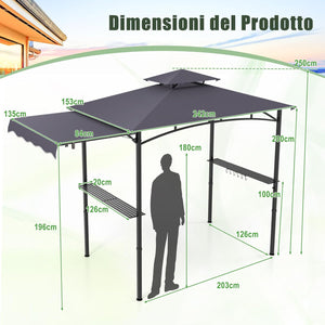 Gazebo per Barbecue, Pergola per BBQ con Tendalino Laterale, Tetto a 2 Livelli, 2 Ripiani Laterali, Ganci Appesi, Apribottiglie, per Giardino e Cortile, 318 x 153 x 250 cm (Grigio Scuro)