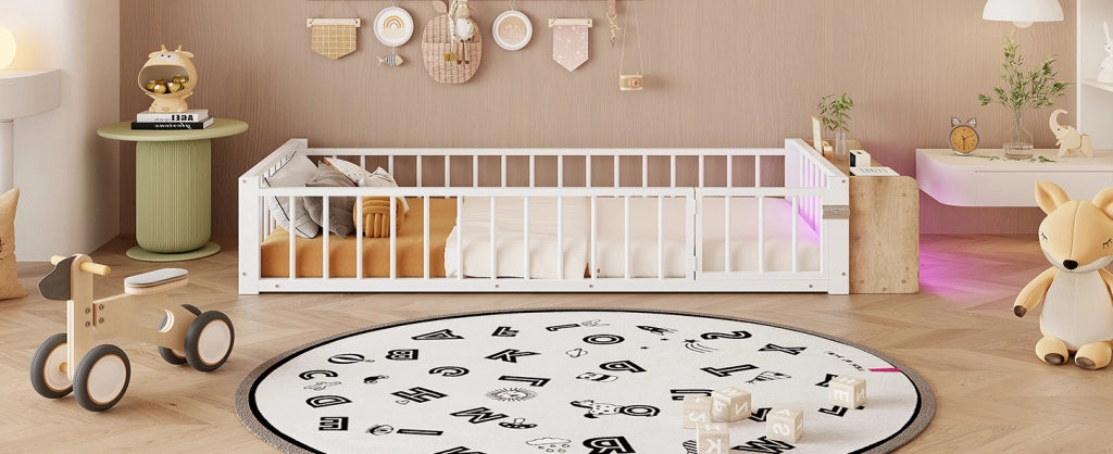 Letto per bambini in metallo 90x200 cm con barriera di protezione e vano aperto