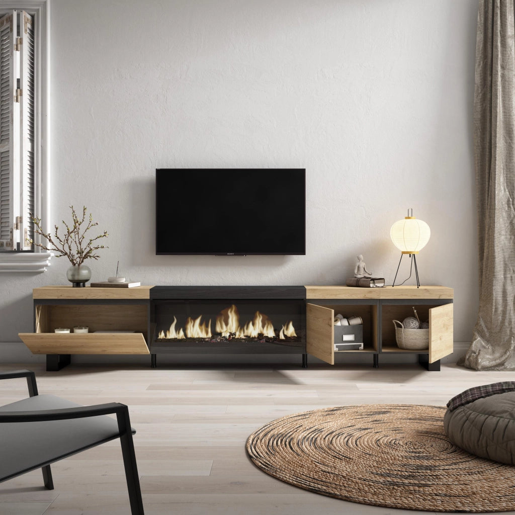 Mobile TV Soggiorno, 288x35x57cm, TV di grande formato, Camino elettrico XXL, Design industriale, colore Rovere e nero RF3614