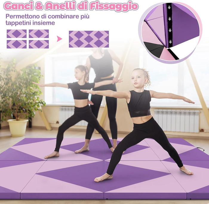 Tappetino Ginnastica Pieghevole 240 CM, Tappetino Fitness con Maniglie e Chiusure a Strappo per Stretching, Yoga, Arti Marziali da Casa e Palestra