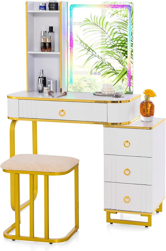 Toeletta da Trucco con Specchio e Luci, Tavolo da Trucco con Sgabello, Porta 7 Luci LED Dinamiche e 7 Luci Statiche Dimmerabili, Porte USB e 4 Cassetti, 80x40x137 cm (Bianco)