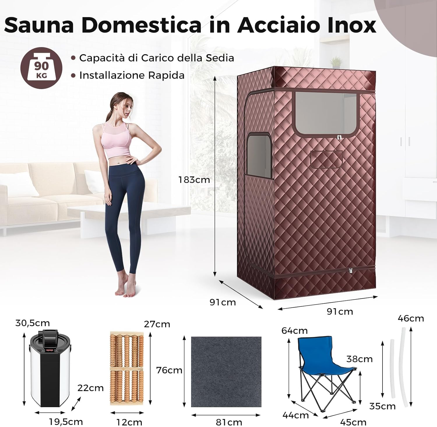 Sauna a Vapore Portatile 3L, Sauna da Casa con 9 Livelli di Regolazione della Temperatura da 35-63℃, Telecomando, Sedia Pieghevole e Massaggiatore per Piedi in Legno (caffè)