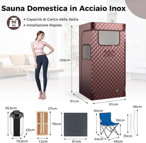Sauna a Vapore Portatile 3L, Sauna da Casa con 9 Livelli di Regolazione della Temperatura da 35-63℃, Telecomando, Sedia Pieghevole e Massaggiatore per Piedi in Legno (caffè)