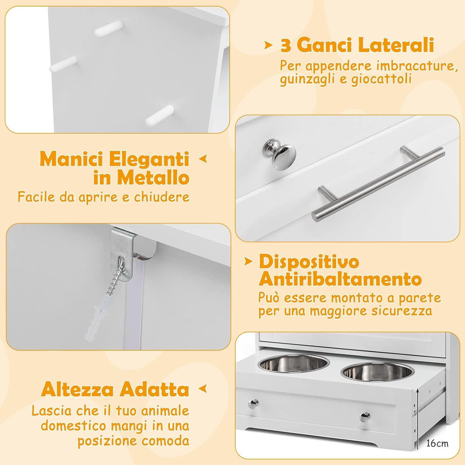 Stazione di Alimentazione per Animali Domestici con Ciotola in Acciaio Inox, Gancio, Dispositivo Antiribaltamento, Armadietto di Stoccaggio per Cani e Gatti, 61 x 35,5 x 82,5 cm