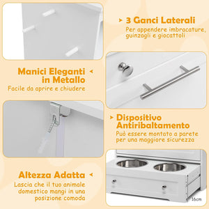 Stazione di Alimentazione per Animali Domestici con Ciotola in Acciaio Inox, Gancio, Dispositivo Antiribaltamento, Armadietto di Stoccaggio per Cani e Gatti, 61 x 35,5 x 82,5 cm