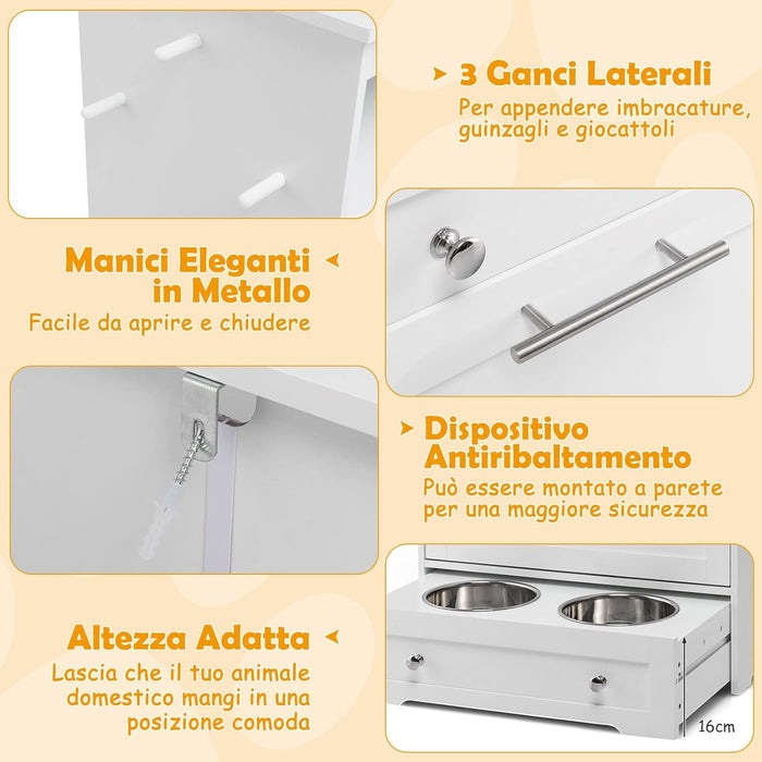 Stazione di Alimentazione per Animali Domestici con Ciotola in Acciaio Inox, Gancio, Dispositivo Antiribaltamento, Armadietto di Stoccaggio per Cani e Gatti, 61 x 35,5 x 82,5 cm