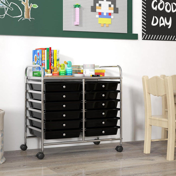 Carrello di Stoccaggio con 12 Cassetti, Carrello portaoggetti con 4 Ruote, Carrello Multiuso per Scuola Ufficio Cucina, 64 x 38 x 62 cm (12 cassetti Nero)