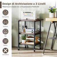 Supporto per Stampante, Carrello Stampante a 3 Livelli con Ripiani di Stoccaggio e Ruote con Blocco, Altezza Regolabile, per Stampante 3D Scanner Fax, 49 x 40 x 65/77 cm (Marrone)