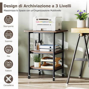 Supporto per Stampante, Carrello Stampante a 3 Livelli con Ripiani di Stoccaggio e Ruote con Blocco, Altezza Regolabile, per Stampante 3D Scanner Fax, 49 x 40 x 65/77 cm (Marrone)