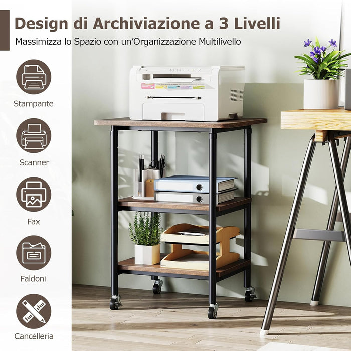 Supporto per Stampante, Carrello Stampante a 3 Livelli con Ripiani di Stoccaggio e Ruote con Blocco, Altezza Regolabile, per Stampante 3D Scanner Fax, 49 x 40 x 65/77 cm (Marrone)
