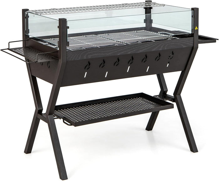 Barbecue a Carbonella, Griglia a Carbone Portatile con Protezione Antivento, Ripiani per Condimenti, Mensola Portaoggetti, per Cucinare, Campeggio e picnic