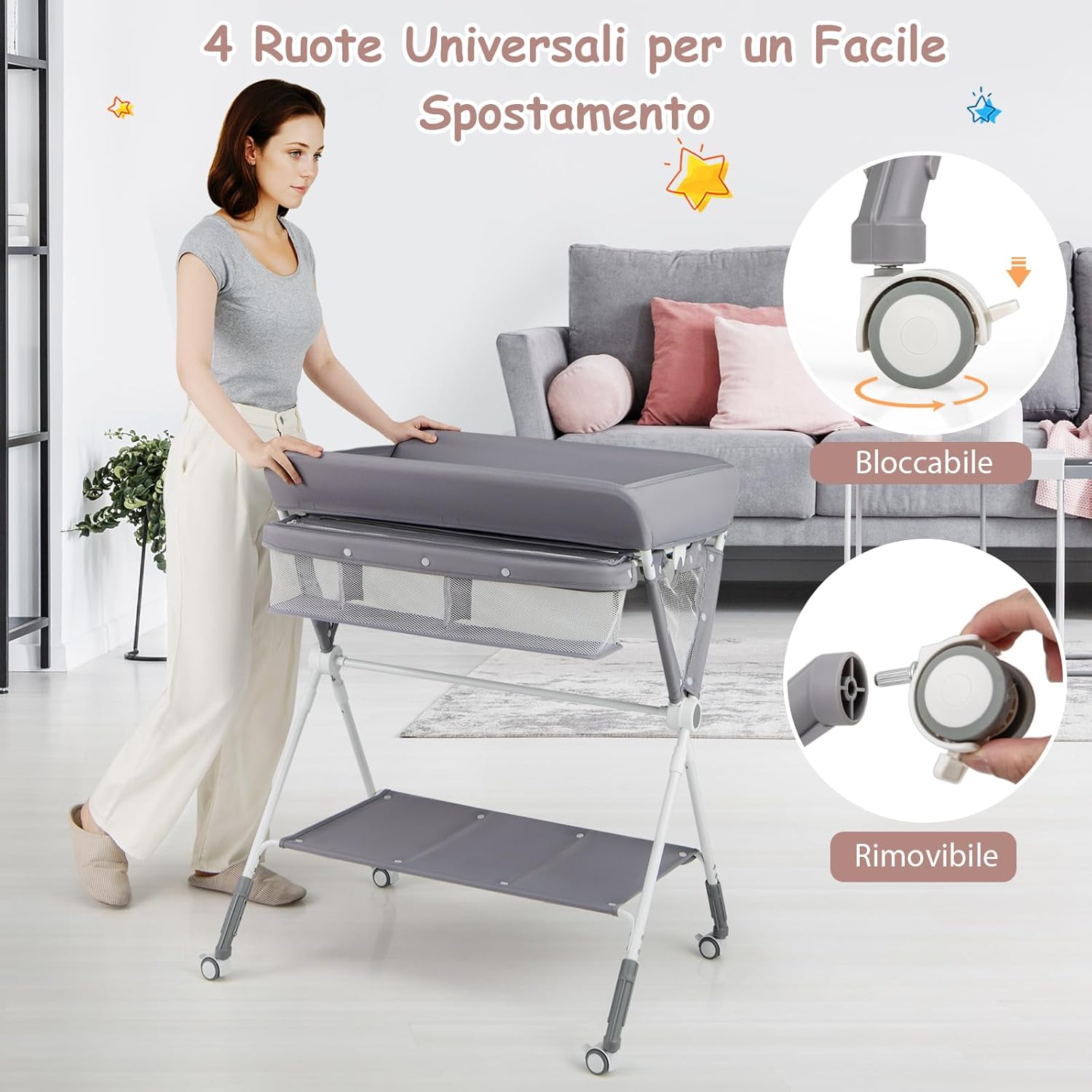 Fasciatoio Neonato Pieghevole, Fasciatoio Portatile con Altezza Regolabile a 3 Livelli, Fasciatoio Neonato con Ruote di Bloccabili, Ripiano, Porta Asciugamani, Cestino di Rifiuti (Grigio)